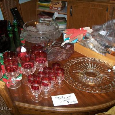 set of cranberry glass