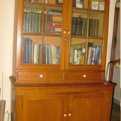 tall hand crafted pine cabinet with original glass