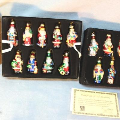Thomas Pacconi Santas of the World Ornaments, set  of 18, blown glass and hand painted.  2002  collection, comes with certificate of...