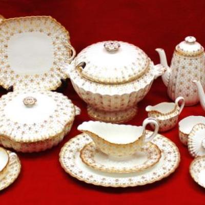 Spode "Fleur De Lis" Bone China.  Made in England  from a C. 1860 Spode Design in white with 14 k  gold trim.  A beautiful hand...