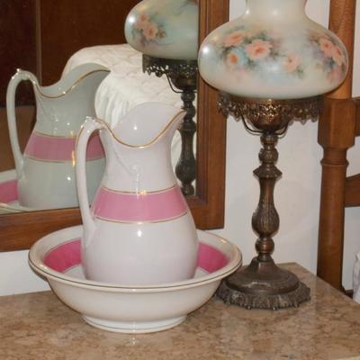 Pitcher and bowl, Hand painted lamp shade, Additionally there is a chamber pot, as well as another pitcher that matches the pink and...