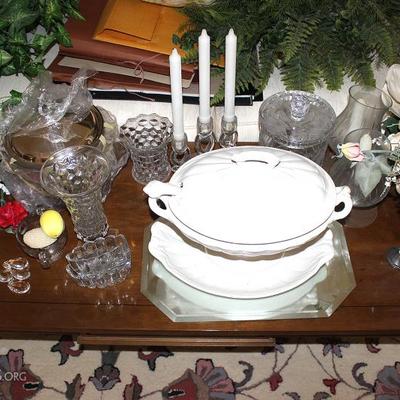 Vintage coffee table, soup tureen, candlesticks, vases, glassware