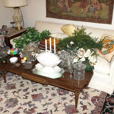 coffee table, sofa, chair, side table, lamps, glassware
