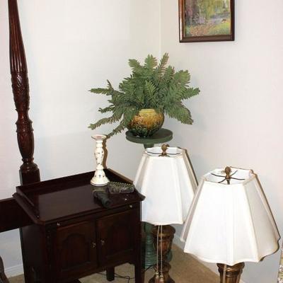Side table, lamps, plant stand, artwork