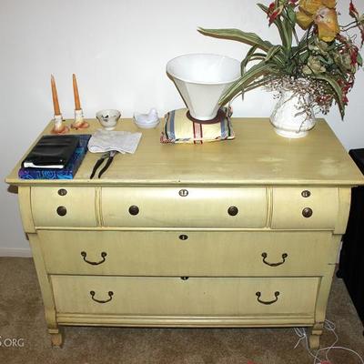 Chest of drawers, candlesticks, vase