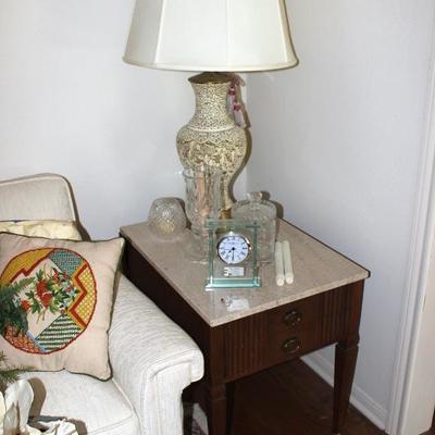 Vintage side table, lamp, clock