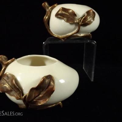 2 ROYAL WORCESTER PORCELAIN GOURD VASES, MID 19TH C., WHITE WITH LEAVES IN BRONZE FINISH