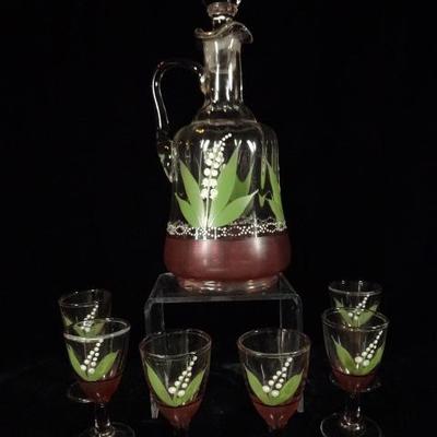 HAND PAINTED CRYSTAL DECANTER AND WINE GLASSES