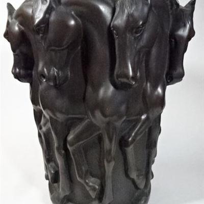 FRENCH ART DECO BRONZE STYLE VASE WITH HORSES IN RELIEF