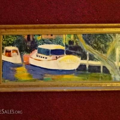 OIL ON CANVAS PAINTING WATER SCENE WITH BOAT, SIGNED BY ARTIST