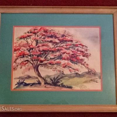 LUCILE LEIGHTON ORIGINAL SIGNED WATERCOLOR, FLOWERING TREE DATED 1946