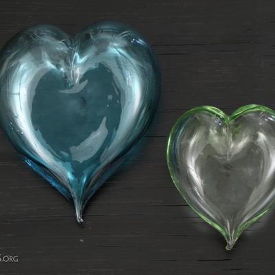 Two T. Moore Heart Form Art Glass Sculptures