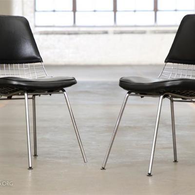 Pair Of Chrome And Black Leather Wire Chairs