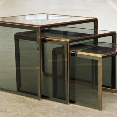 Set Of Three Mid Century Modern Smoke Glass Nesting Tables