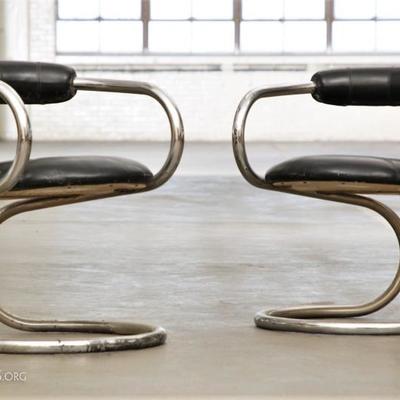 Pair Of Vintage Tecnosalotto Manlova Italy Chrome And Leather Spring Chairs