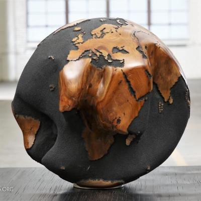 Black Wooden Globe From Teak Root Hand-Carved Rotative Base