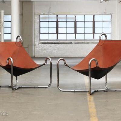 Pair Of Dramatic Leather And Steel Sling Chairs