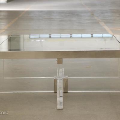 Large Brass, Stainless Steel And Lucite Cocktail Table