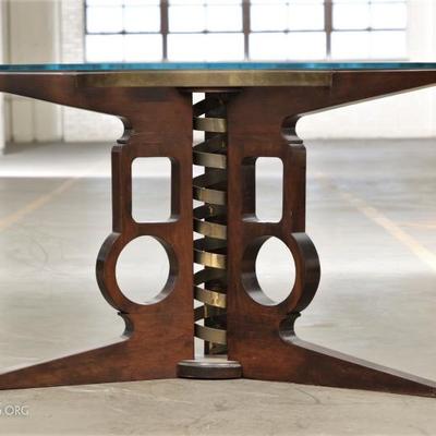A Fabulous Round Glass Dining Table With Wood & Metal Base