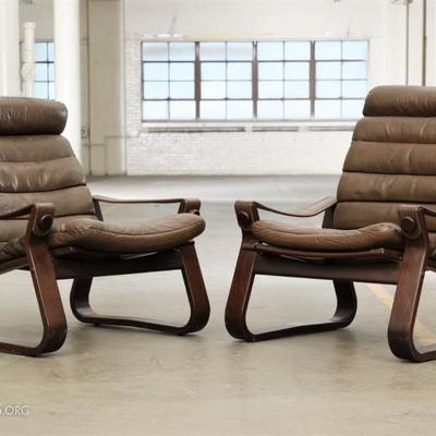 Pair Of Brown Danish Mid Century Modern Leather Chairs