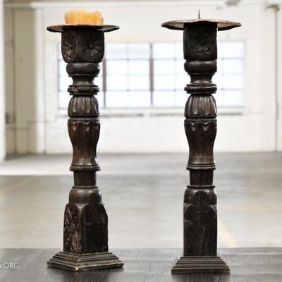 Pair Of Ebonized Carved Wood Candle Pricks
