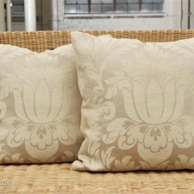 Pair Of Custom Pillows In Linen Woven Floral Pattern With Down Inserts