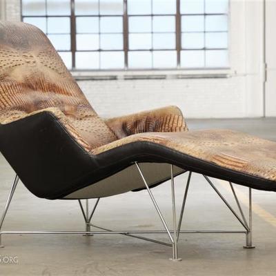 Dux Mid Century Modern Leather Chaise Lounge In Reptile Motif