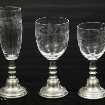 Three Pewter And Engraved Glass Stemware