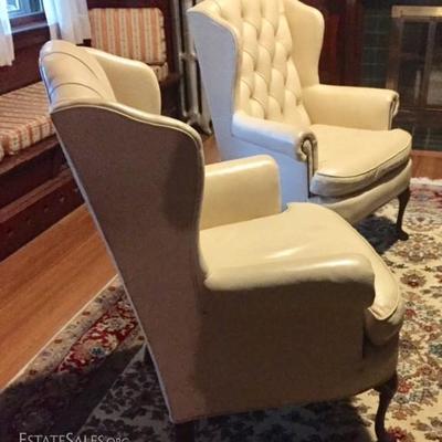 Paine Furniture White Leather Wingback Chairs