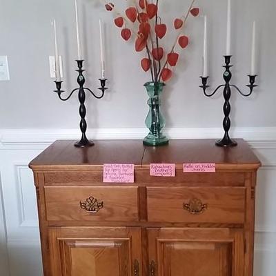 $350.00  Top opens up to make a serving table.  Silverware drawers and dividers with felt lining and cover. On casters so you can roll to...