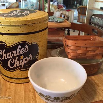 TIns, baskets and cooking items.