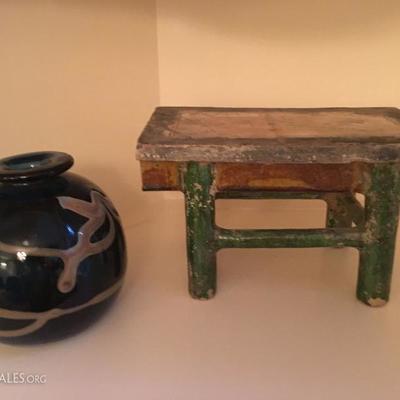 Ming Dynasty Glazed Alter Table, Art Glass Vase Signed Minor