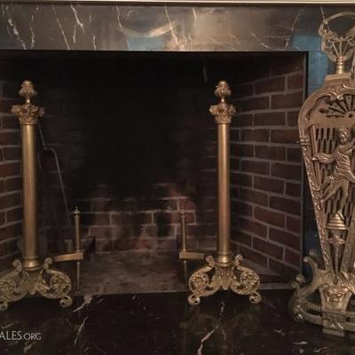 Antique Brass Andirons, Brass Fan Fire Place Screen 