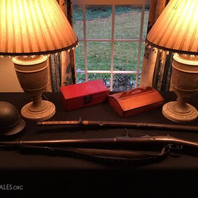 Lamps with Blanch Field Shades, Antique Rifle, WWI Japanese Sword