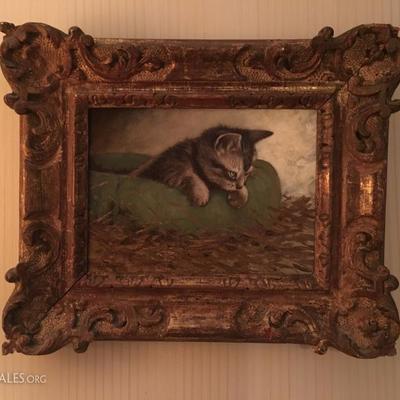Thomas Wagner Cat Painting in Antique Gilt Frame