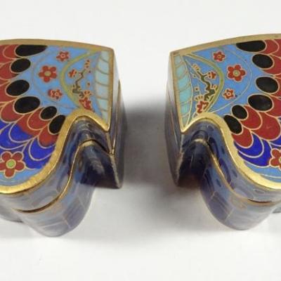 PAIR CHINESE CLOISONNE BUTTERFLY WING BOXES