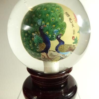 CHINESE REVERSE PAINTED CRYSTAL ORB ON REVOLVING BASE, WITH PAINTED PEACOCKS AND FLORALS