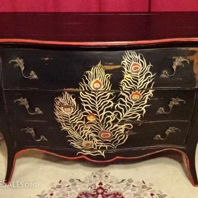 LOUIS XV STYLE BOMBE CHEST WITH PAINTED FEATHERS