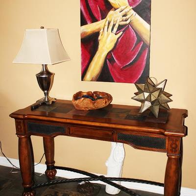 Entry table, artwork, lamp