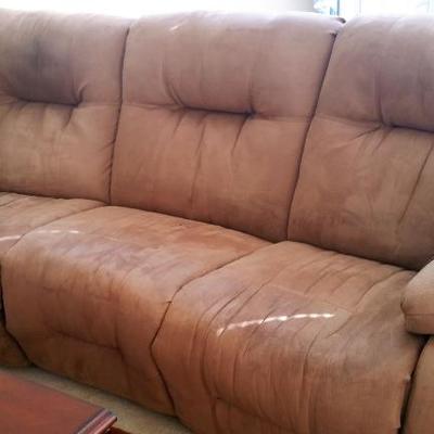 Microfiber taupe sofa with 2 end recliners