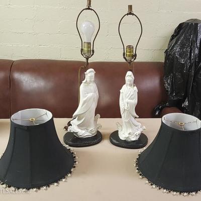 JHA047 Pair of Porcelain Kwan Lin Statue Lamps with Shades 
