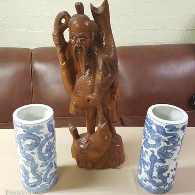 JHA052 Hand Carved Wood Fisherman & Porcelain Vases
