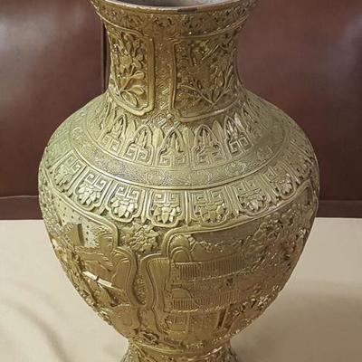 JHA071 Vintage China Cinnabar Lacquer Gold Scenic Brass Vase
