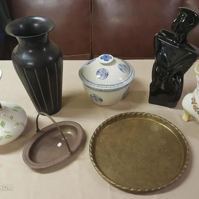 JHA066 Antique Brass Platter, Ceramic Vases & Bowl
