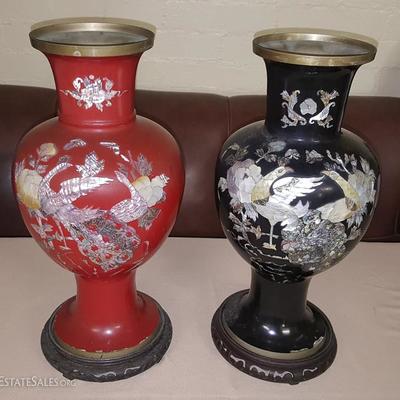 JHA039 Two Vintage Korean Red & Black Lacquer Brass Oriental Vases
