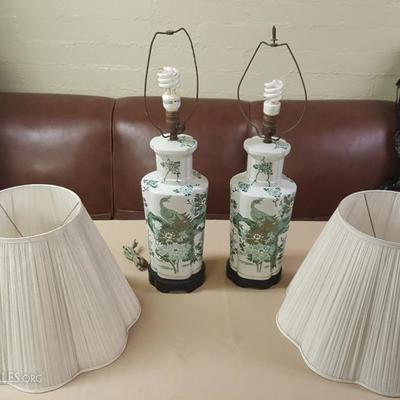 JHA048 Pair of Porcelain Oriental Vase Lamps with Shades
