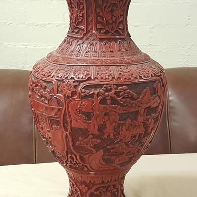 JHA070 Vintage Hand Carved Cinnabar on Brass Scenic Vase
