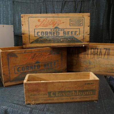 Cool old wood boxes, Corned Beef and others, look at pictures!