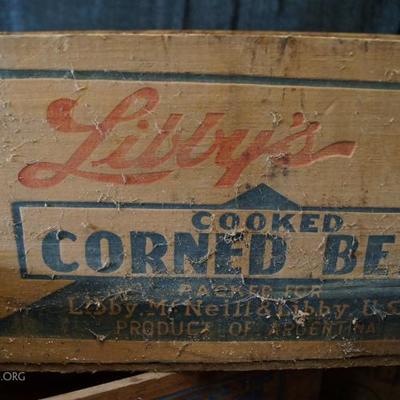 Cool old wood boxes, Corned Beef and others, look at pictures!