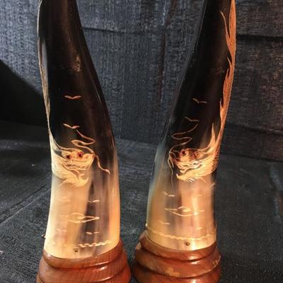 2 Beautiful Carved Horns on wood base
